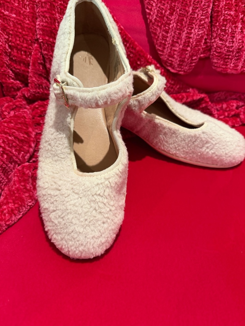 Universal Thread Cream Sherpa Mary Jane Flats with Gold Buckle